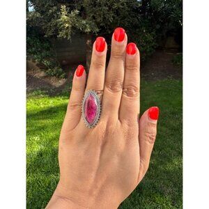 DRAMATIC! Sterling Silver Red Quartzite Statement Ring Size 9 Vintage Look